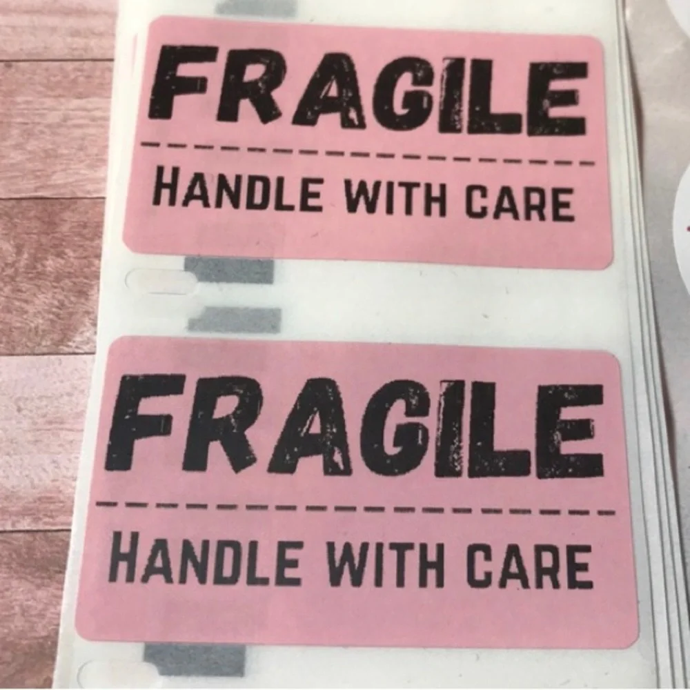 100 pink thermal fragile handle with care stickers